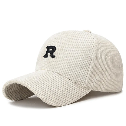 Corduroy Baseball Cap – 3D Embroidered R Letter Structured Hat
