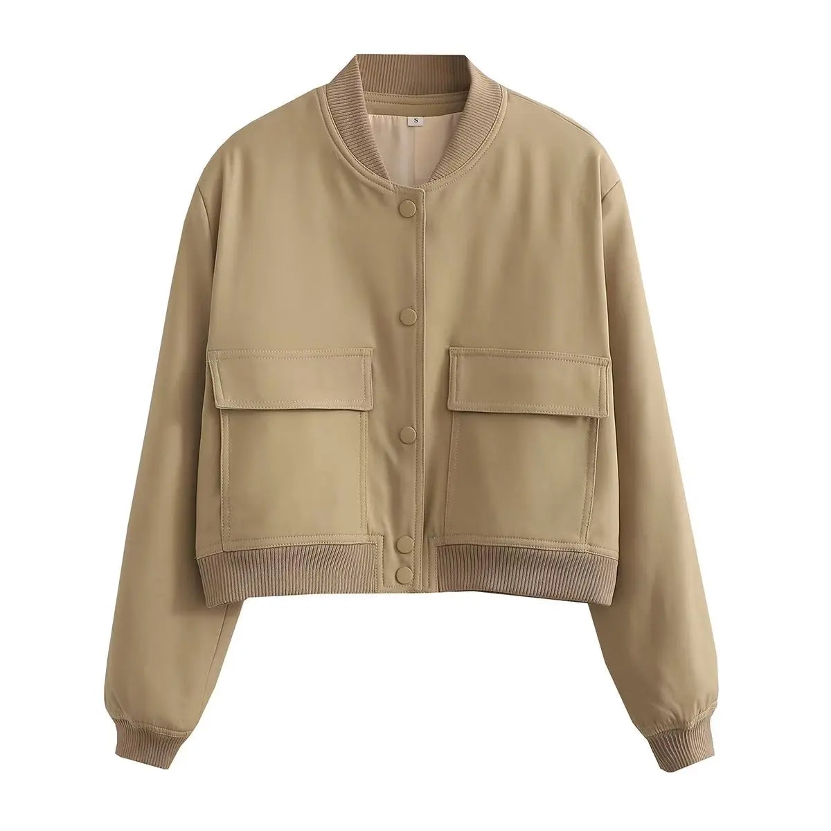 Women's Bomber Jacket – Solid V-Neck Single Breasted Coat with Pockets