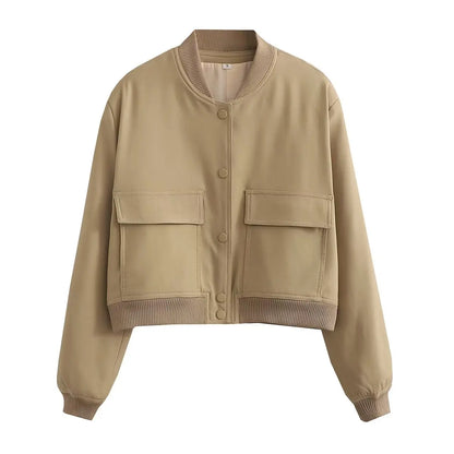 Women's Bomber Jacket – Solid V-Neck Single Breasted Coat with Pockets