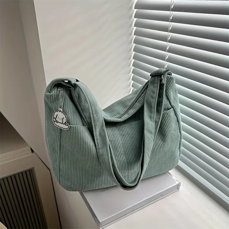 Women's Corduroy Shoulder Tote Bag – Large Capacity with Cute Patch