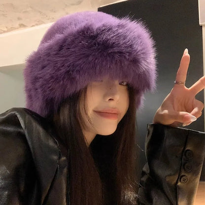 Fluffy Faux Fur Beret – Women's Winter Plush Bucket Hat