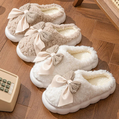 Winter Warm Fur Slippers Women Cute Bow House Non Slip Soft Shoes Comfort Flat Heel Home Indoor