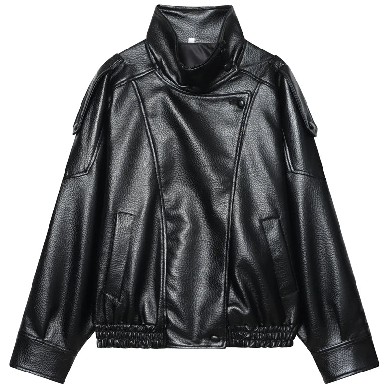 Faux Leather Bomber Jacket Women – Oversized Cropped Zip-Up