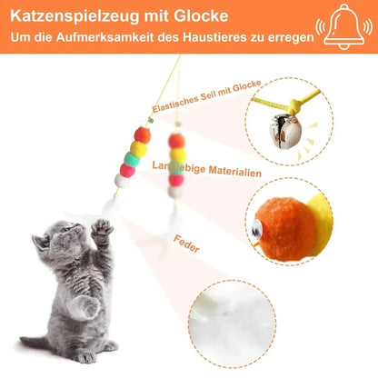 Feather Caterpillar Cat Toy – Retractable Rope with Colorful Pom-Poms