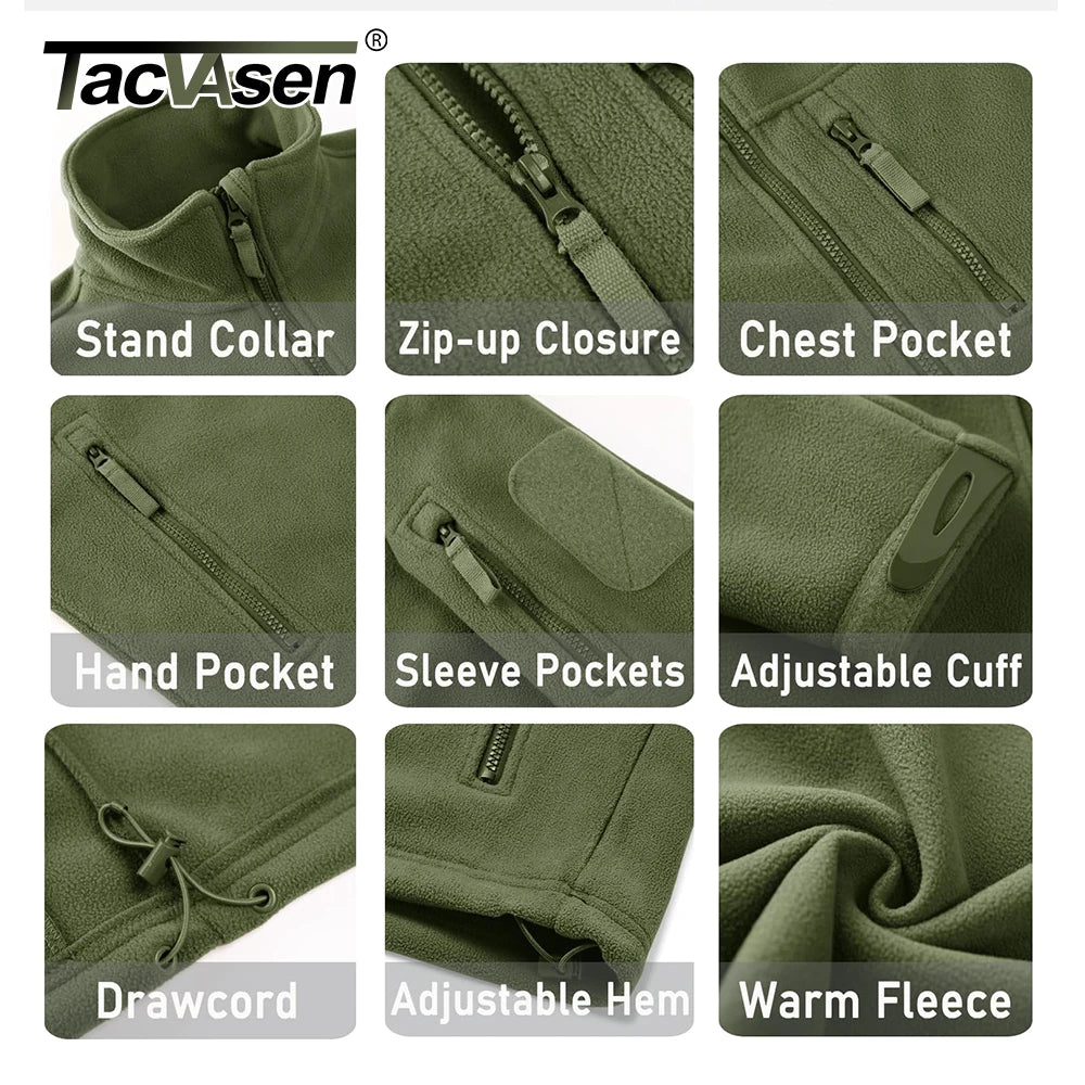 Men's Fleece Jacket Full-Zip Windproof Tactical Coat Multi-Pocket