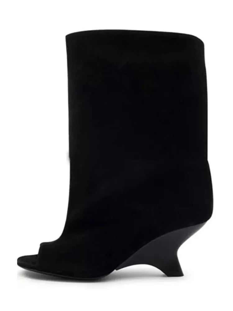Women's Peep Toe Knee-High Boots with Slant Wedge Heel