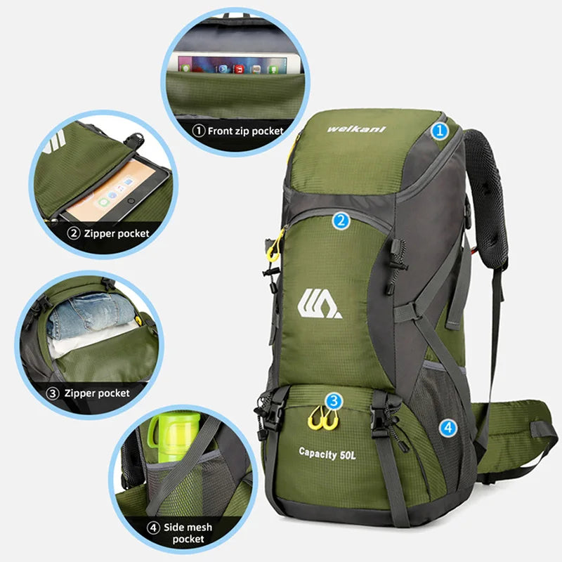 50L Hiking Backpack with Rain Cover – Waterproof Outdoor Travel Bag for Men & Women