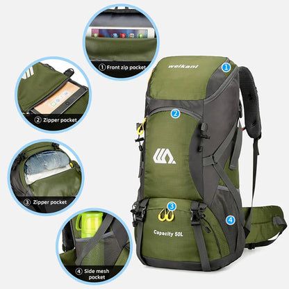 50L Hiking Backpack with Rain Cover – Waterproof Outdoor Travel Bag for Men & Women