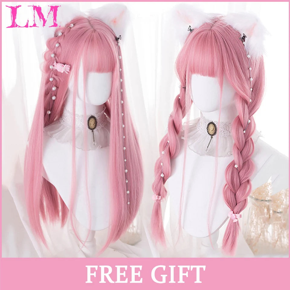 Lm Cosplay Wig Bangs Synthetic Straight Hair 24 Inch Long Heat-Resistant Pink Women