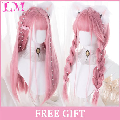 Lm Cosplay Wig Bangs Synthetic Straight Hair 24 Inch Long Heat-Resistant Pink Women