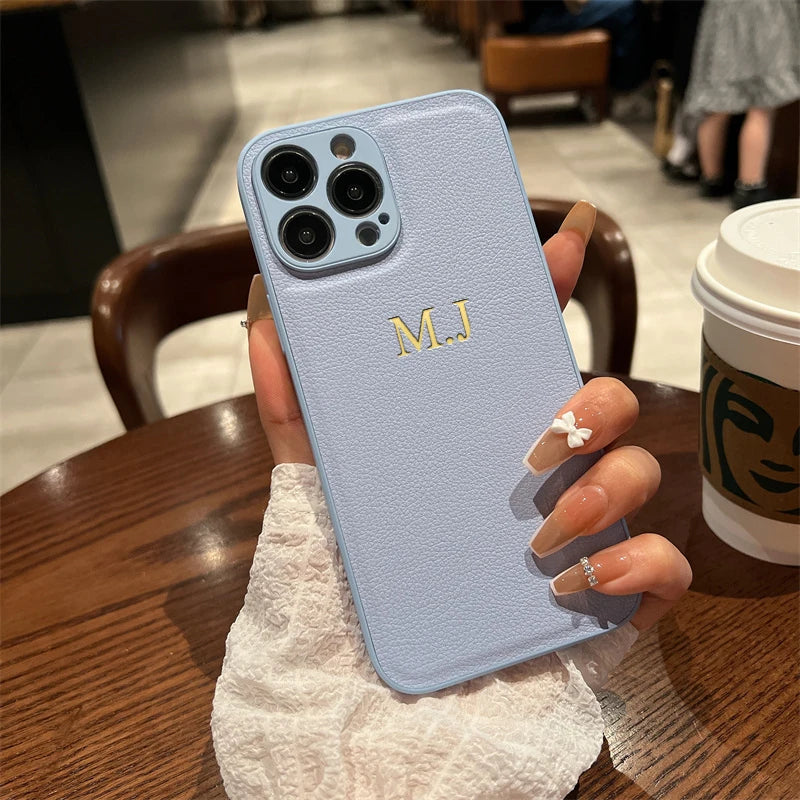 Personalised Customized Name Case Iphone 17 16 15 14 13 12 11 Pro Max Initials Letters Leather Cover