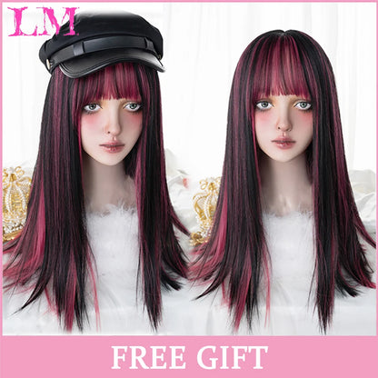 Lm Cosplay Wig Bangs Synthetic Straight Hair 24 Inch Long Heat-Resistant Pink Women