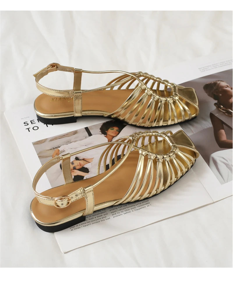 Women's Flat Roman Cage Sandals – Narrow Strap Square Toe
