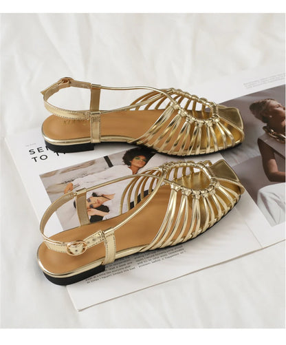 Women's Flat Roman Cage Sandals – Narrow Strap Square Toe