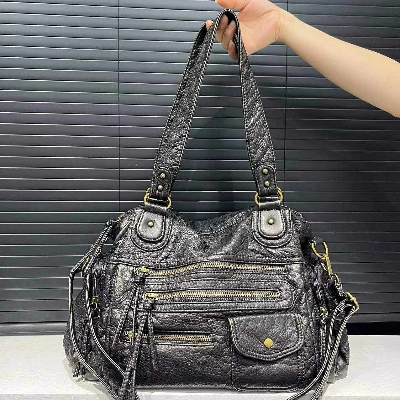 Vintage Washed Leather Shoulder Bag – Y2K Motorcycle Crossbody