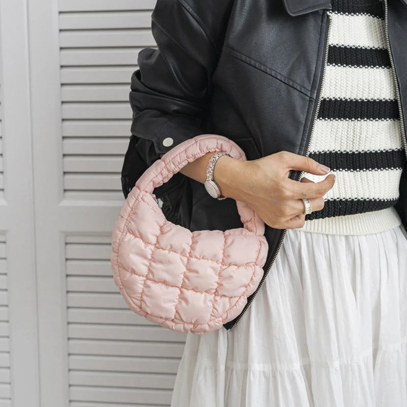 Candy Bag Mini Puffer Tote Quilted Circle Phone Purse Elegant Soft Nylon Padded Key Pouch Simple