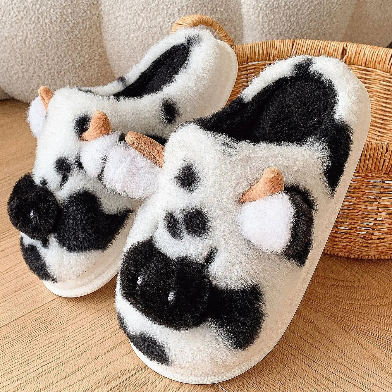 Cute Cow Fluffy Slippers for Women – Fuzzy Plush House Slides