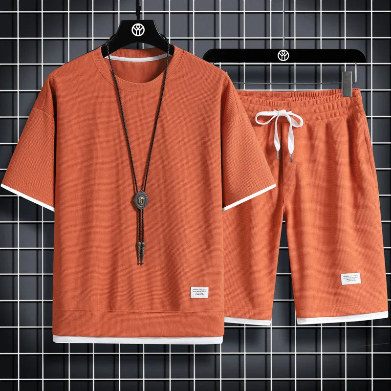 Men's Waffle Texture T-Shirt & Shorts Set