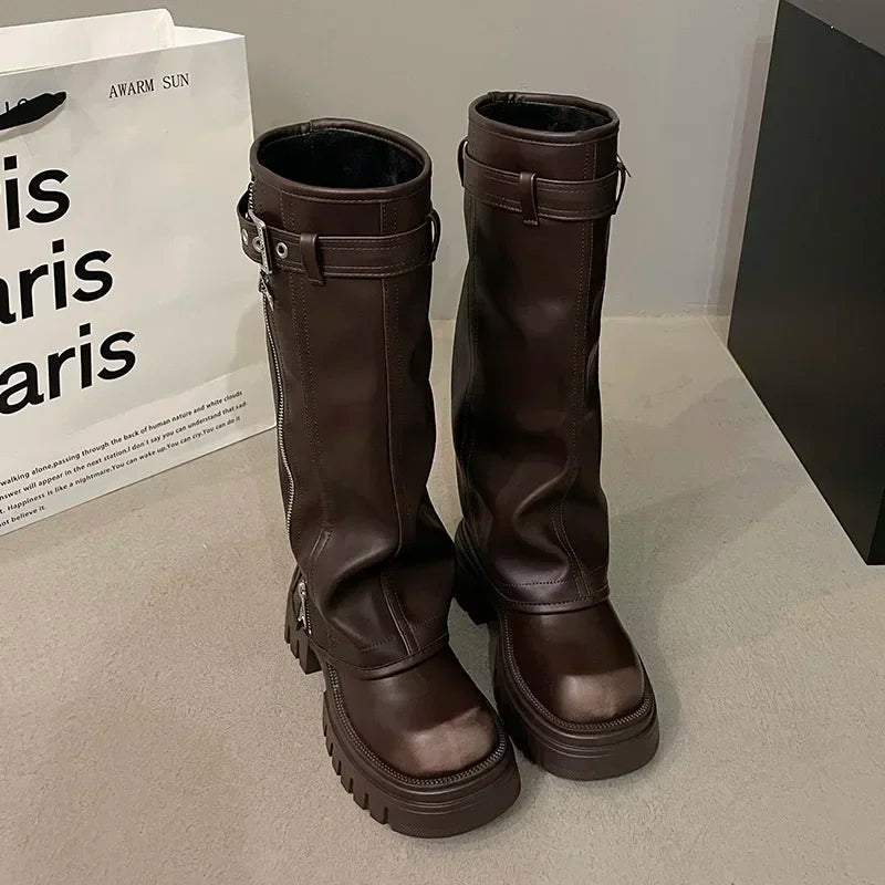 Women's Platform Knee-High Biker Boots with Belt Buckle