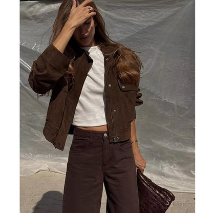 Women's Suede Bomber Jacket Elegant Slim Fit with Big Pockets