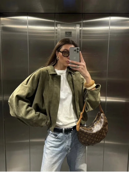 Women's Oversized Suede Texture Bomber Jacket