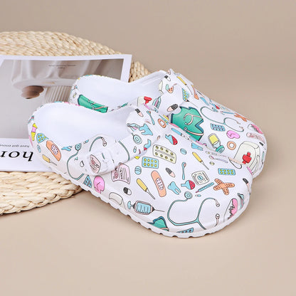 Cartoon Print Nurse Clogs Women – Non-Slip Closed Toe
