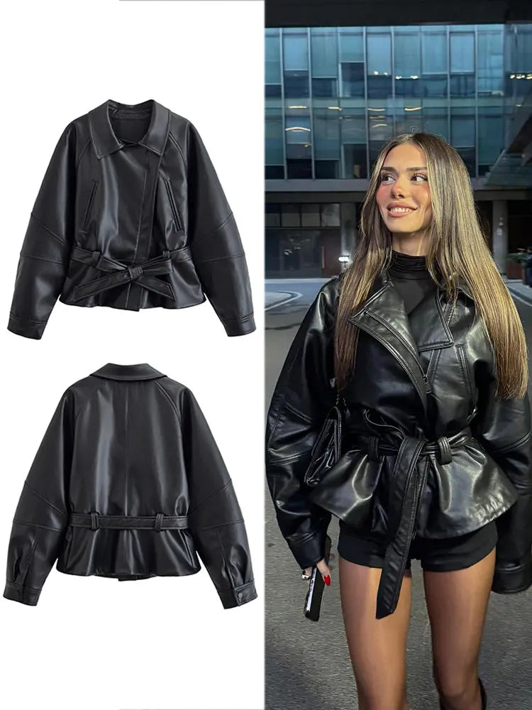 Women's Faux Leather Belted Jacket – Lapel Long Sleeve Coat