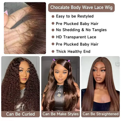 Chocolate Brown Body Wave HD Lace Front Wig – 13x4 & 13x6, 180%/200% Density, 18–46 Inch