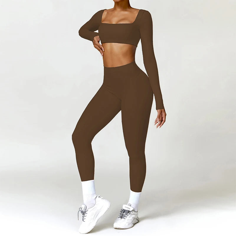 Women's 2-Piece Yoga Set – Long Sleeve Crop Top & Shorts