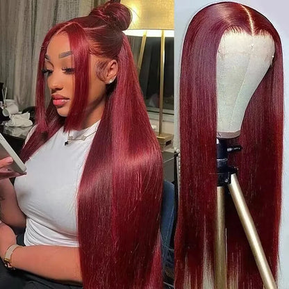 13x4 HD Lace Front Wig Straight #99J Red Human Hair 250 Density