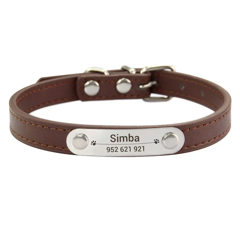 Personalized Dog Collar with Engraved ID Nameplate – PU Leather