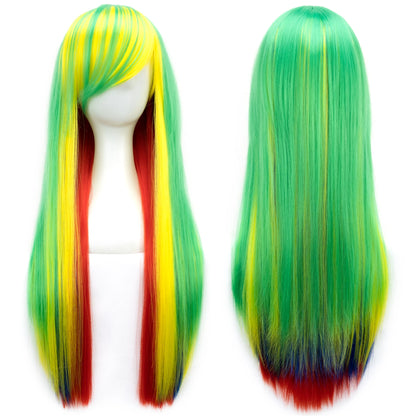 Soowee Synthetic Hair Ombre Rainbow Cosplay Wig Bangs Red Yellow Purple Green Blue Wigs Black Women