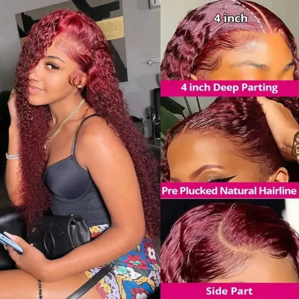Hd Transparent Lace 200 Density 13x4 13x6 Full Frontal 99j Burgundy Preplucked Colored Deep Wave