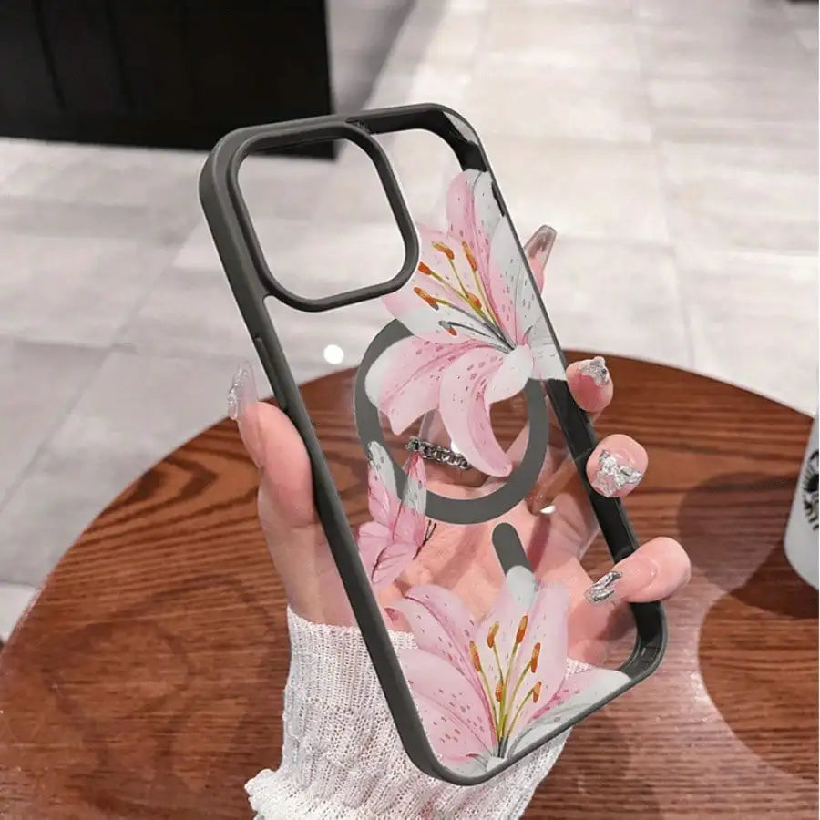 Pink Lily Magnetic Phone Case Iphone 17 16 15 14 13 12 11pro Max Plus It Features Stylish Pattern