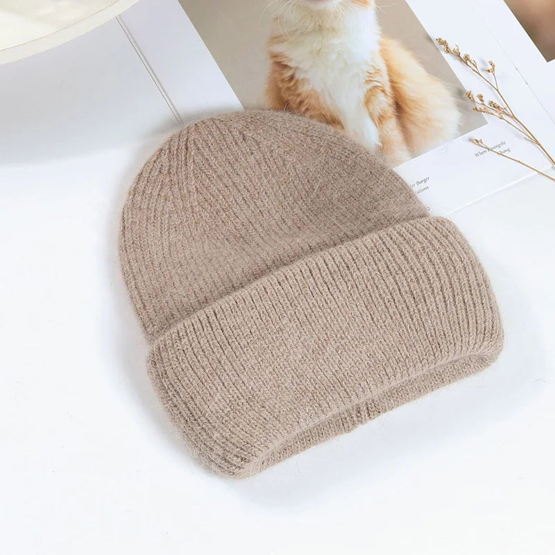 Women's Rabbit Fur Knit Beanie – Warm Solid Color Winter Hat