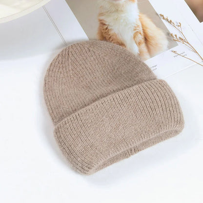 Women's Rabbit Fur Knit Beanie – Warm Solid Color Winter Hat