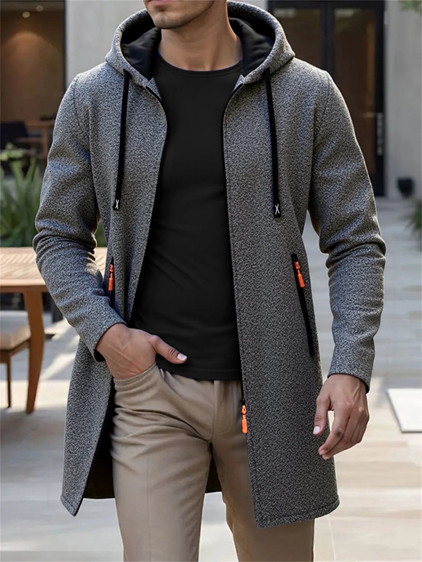 Men's Hooded Knit Cardigan Long Jacket – Casual Zip-Up Coat