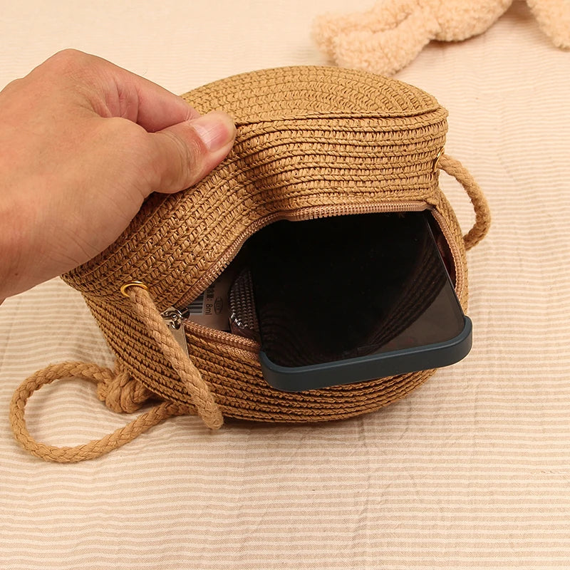 Round Straw Crossbody Bag – Handwoven Rattan Beach Bag for Women
