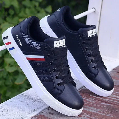 Men's White Casual Sneakers – Lightweight PU Leather Lace-Up Shoes