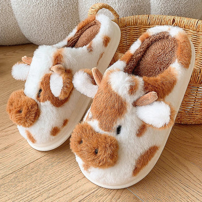 Cute Cow Fluffy Slippers for Women – Fuzzy Plush House Slides
