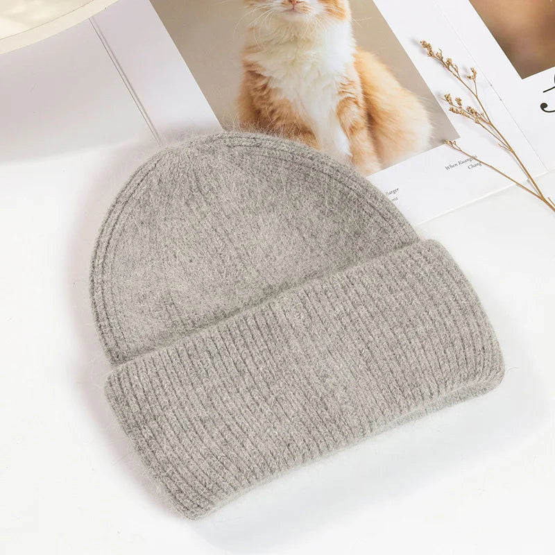 Women's Rabbit Fur Knit Beanie – Warm Solid Color Winter Hat