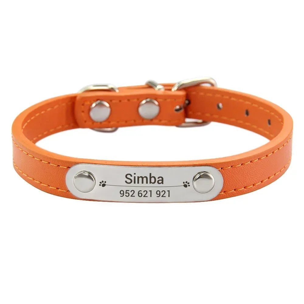 Personalized Dog Collar with Engraved ID Nameplate – PU Leather
