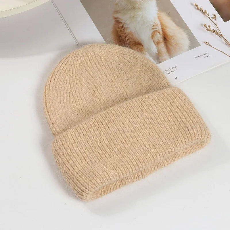 Women's Rabbit Fur Knit Beanie – Warm Solid Color Winter Hat
