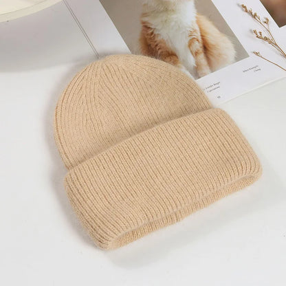 Women's Rabbit Fur Knit Beanie – Warm Solid Color Winter Hat