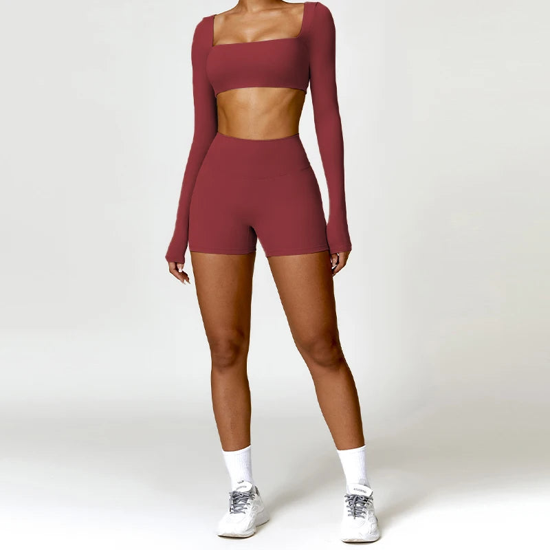 Women's 2-Piece Yoga Set – Long Sleeve Crop Top & Shorts
