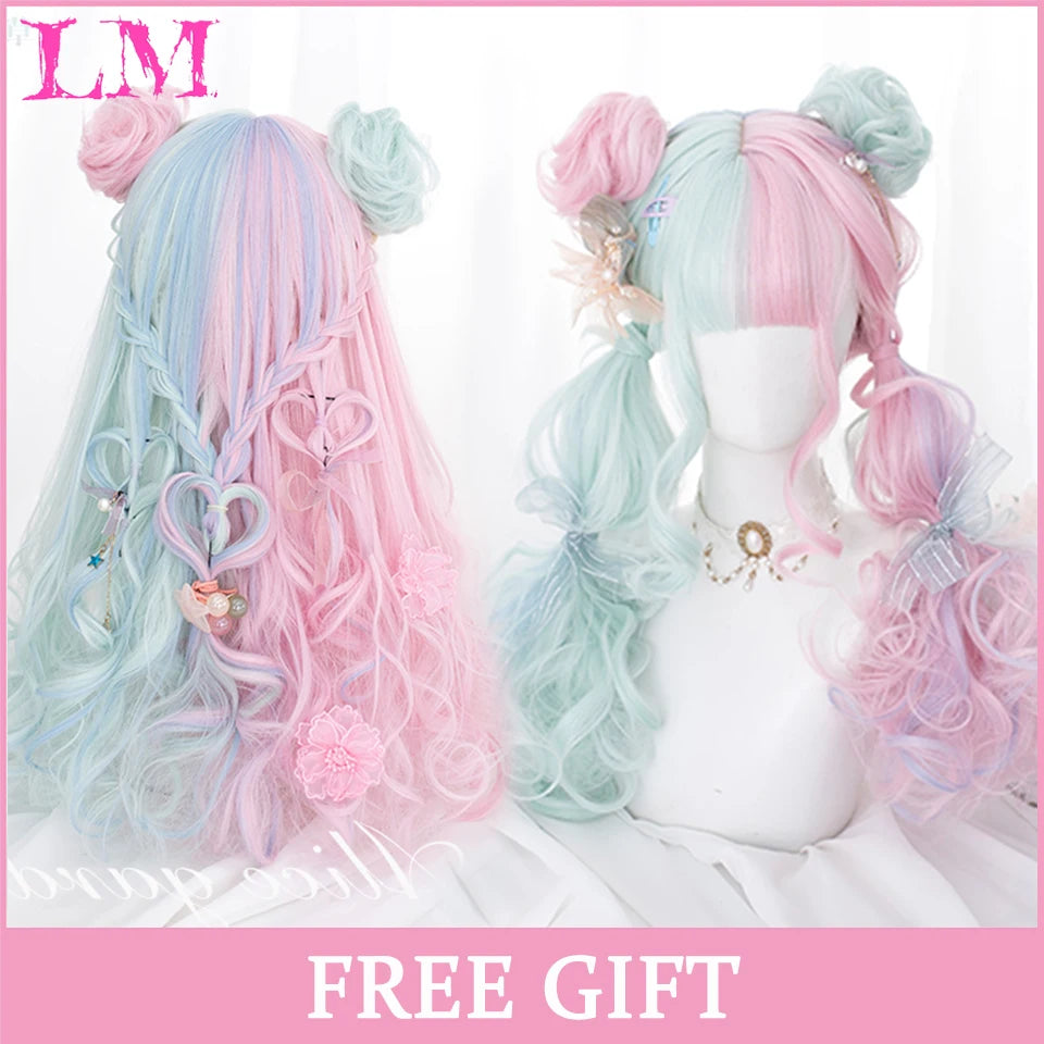 Lm Cosplay Wig Bangs Synthetic Straight Hair 24 Inch Long Heat-Resistant Pink Women