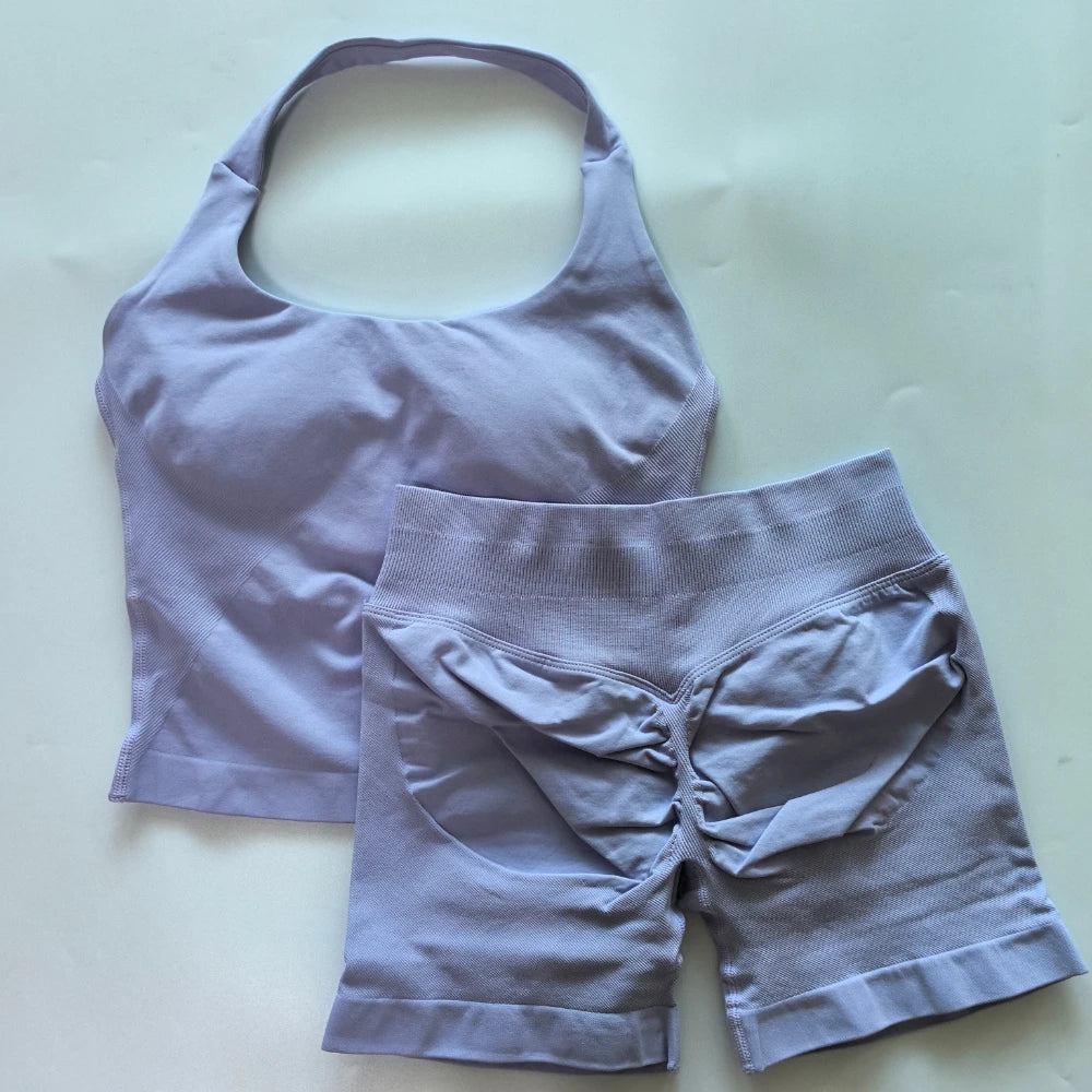 Women's 2-Piece Seamless Workout Set – Backless Tank Top & Scrunch Shorts
