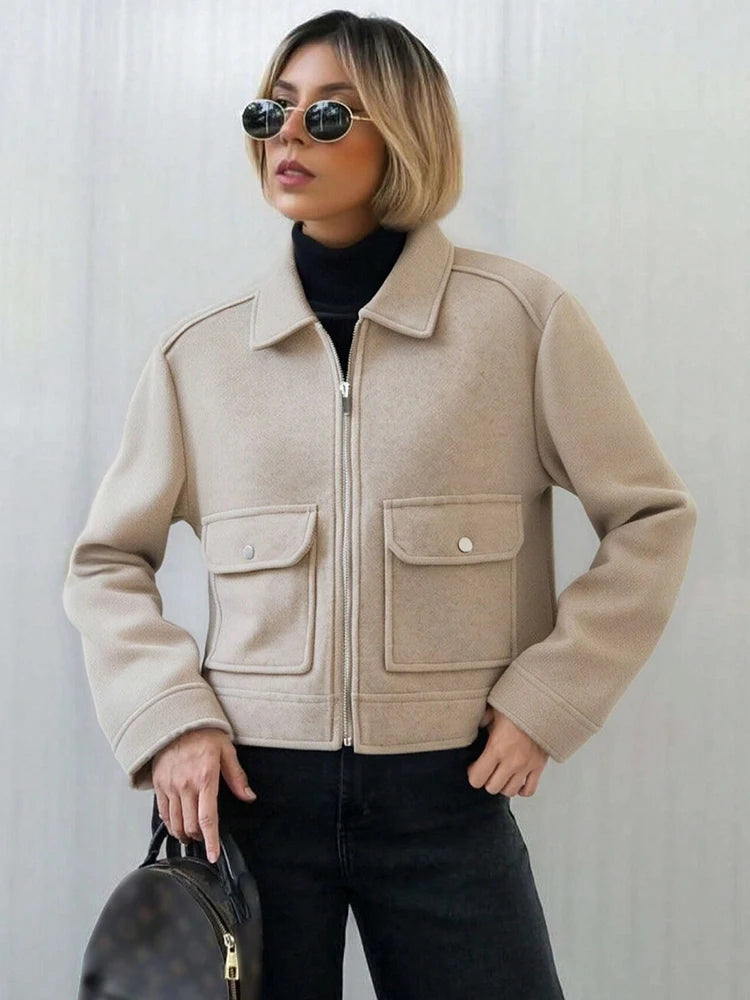 Women's Cropped Zip-Up Jacket – Short Elegant Coat with Pockets