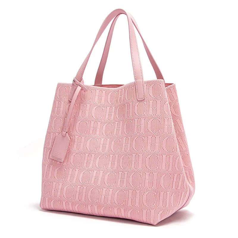 Large Capacity Tote Bag – Monogram Knitted Shoulder Bag for Women
