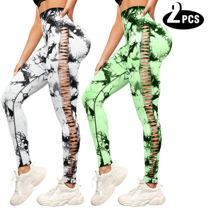 2-Pack Women's High Waist Yoga Leggings with Side Lace-Up Cutout